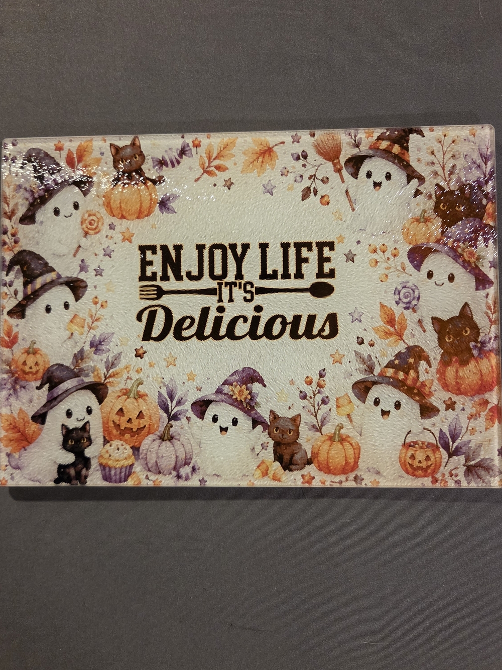 Halloween Ghost Cat Glass Cutting Board 8x11 Enjoy Life It’s Delicious